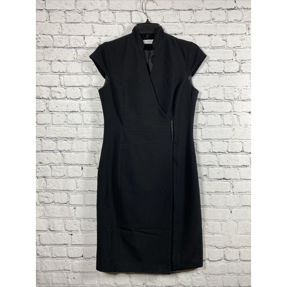 Calvin Klein Women Faux Wrap Sheath Dress Cap Sleeve Notch Lapel Black Size 4